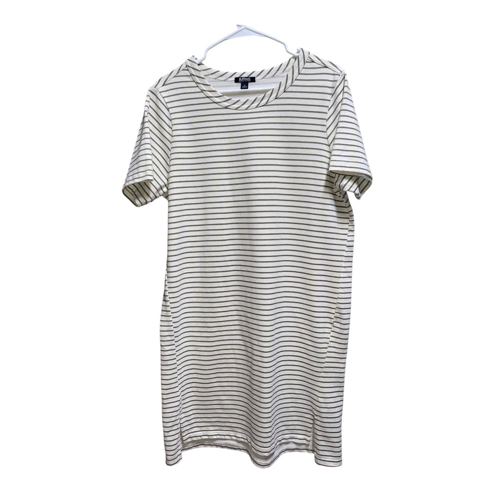 Buffalo David Bitton Striped T-Shirt Dress Medium Olive Cream Casual Stretch